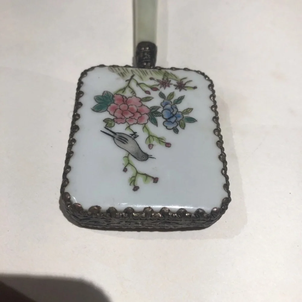 White Floral Porcelain Hand Mirror with Decorative Handle